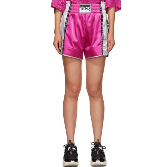 VERSACE Pink and Silver Unisex Boxing Shorts NWT shiny leg slit cute rare Maitai - Picture 2 of 13